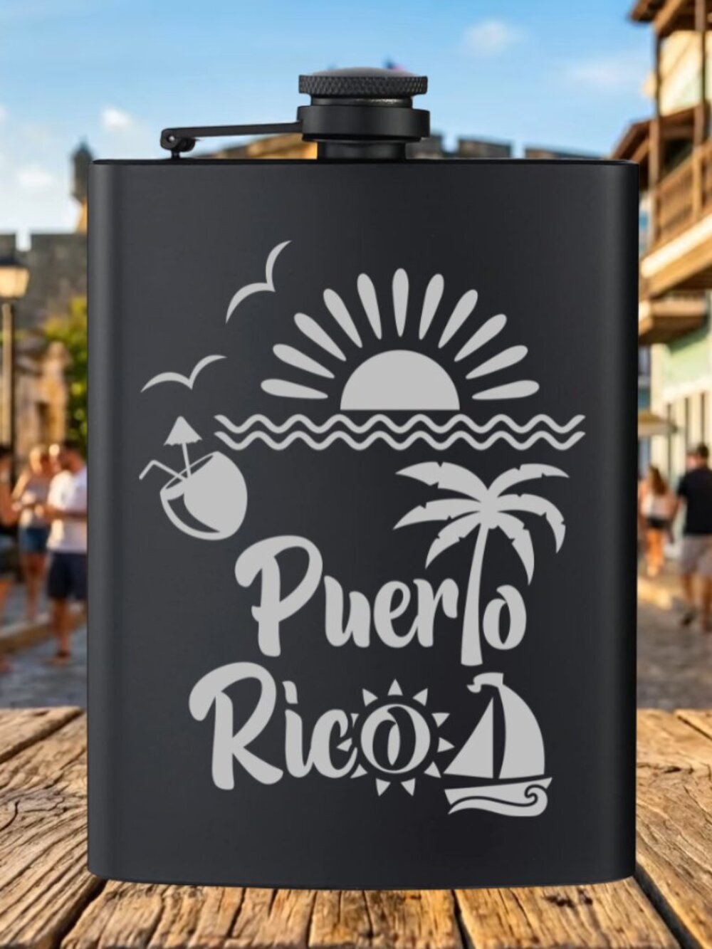 Personalized Puerto Rico Beach Boat Black Flask | Puerto Rico | Family Gift
